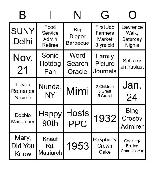 Mimi's Birthday Party Bingo Card