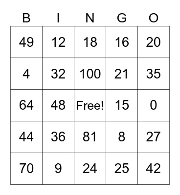 Multiplication Bingo Card