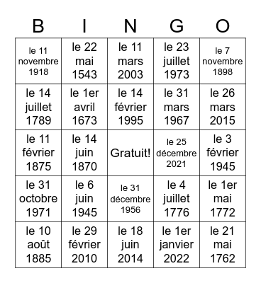 Les dates Bingo Card