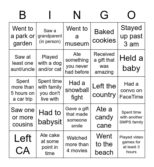 Over winter break...Find someone who.... Bingo Card