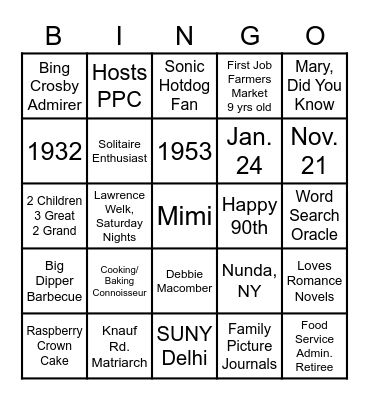 Mimi's Birthday Party Bingo Card