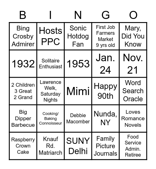Mimi's Birthday Party Bingo Card