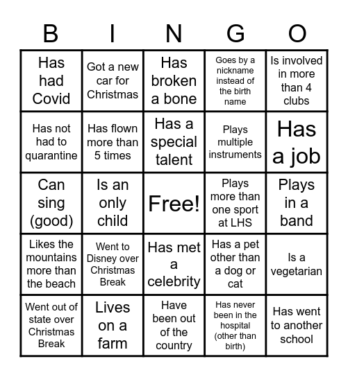 Get to Know you Bingo Card