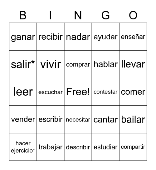 Common Verbs Bingo Card