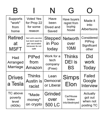 Living in SF Bingo Card Blind Version Bingo Card