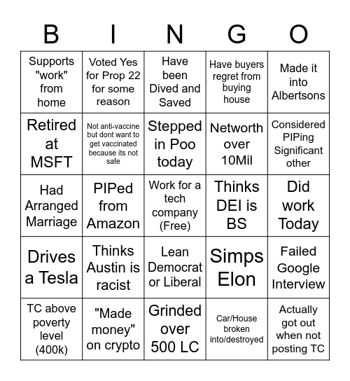 Living in SF Bingo Card Blind Version Bingo Card