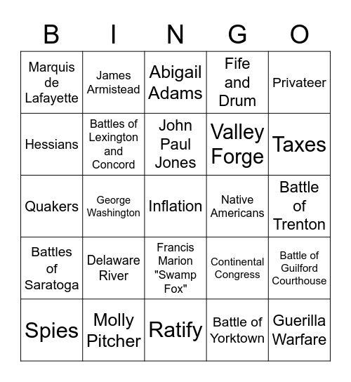 Revolutionary War Bingo Card