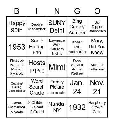 Mimi's Birthday Party Bingo Card