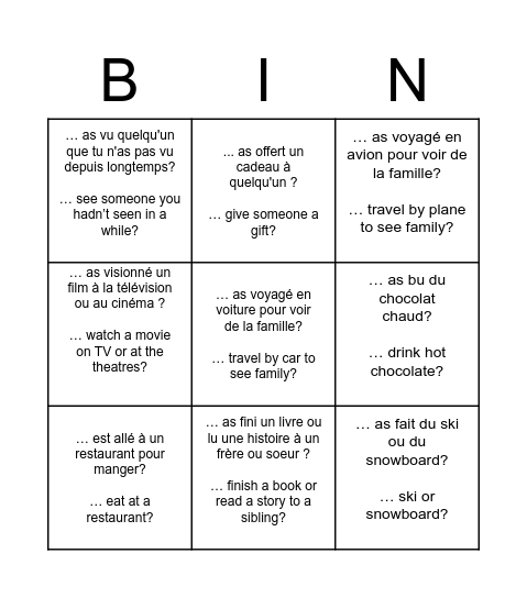 Est-ce que tu …?  Did you … ? Bingo Card