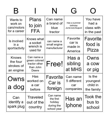 Small Engines Bingo Card
