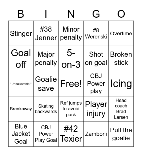 CBJ Hockey Bingo Card