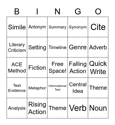 8th Grade ELA Bingo Card