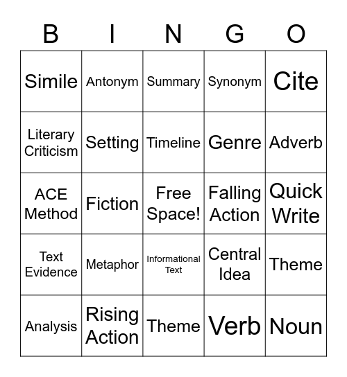 8th Grade ELA Bingo Card