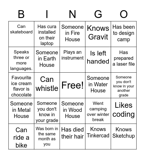 Makerspace Intro Bingo Card