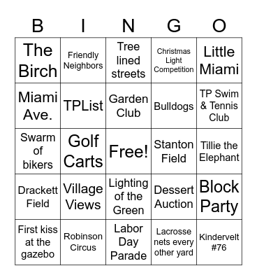 Terrace Park Bingo Card