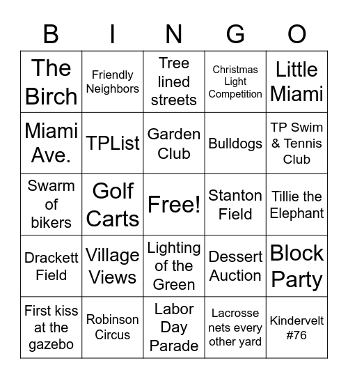 Terrace Park Bingo Card