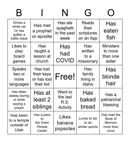 Relief Society Bingo Card