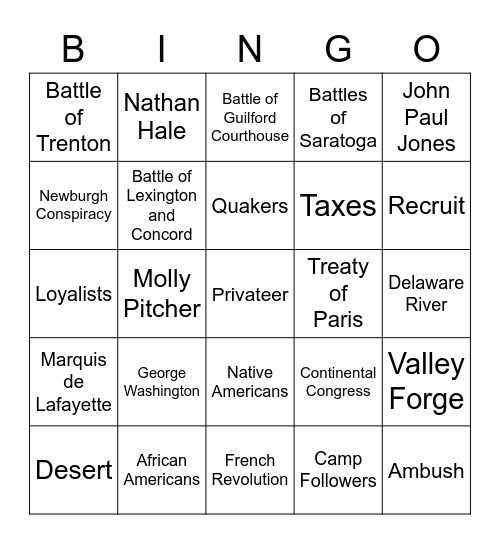 Revolutionary War Bingo Card