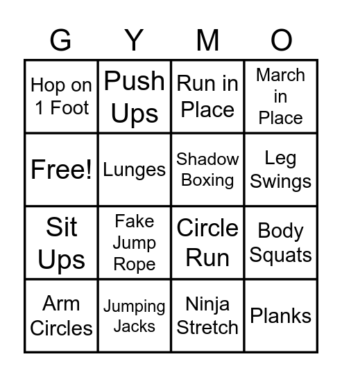 Phys Ed Bingo (GYM-O) Bingo Card