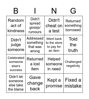 INTEGRITY Bingo Card