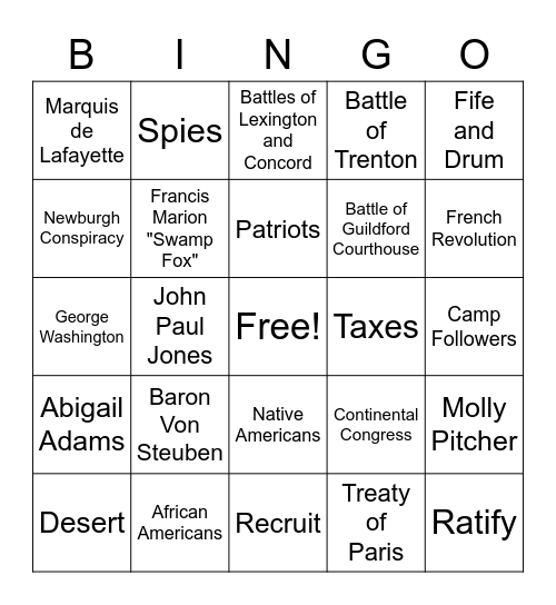 Revolutionary War Bingo Card