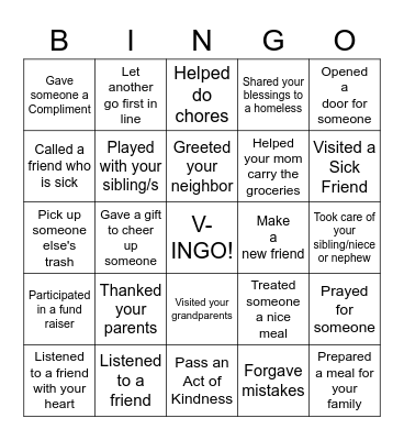 Random Acts of Kindness Bingo Card