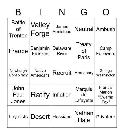 Revolutionary War Bingo Card