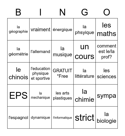 Unité 3B Les Matières Bingo Card