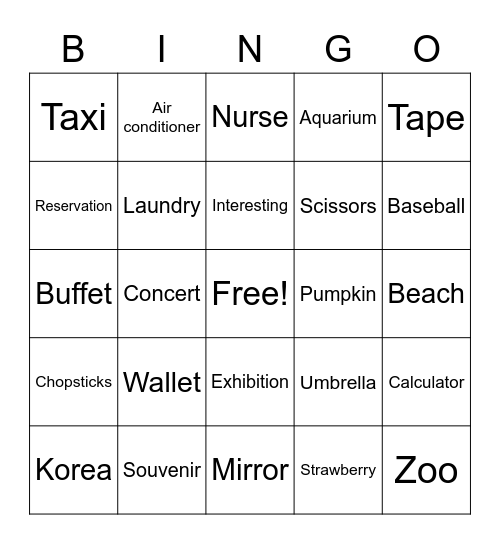 English Bingo Card