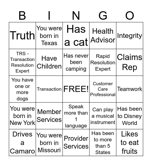 Integrity, One Team, One Customer, You Bingo Card