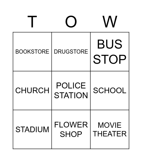 PLACES IN TOWN Bingo Card