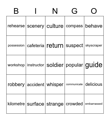 Semester 1 Vocabulary Bingo Card