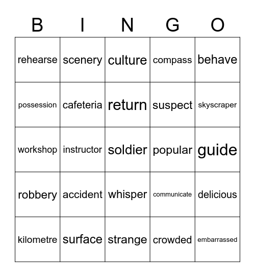Semester 1 Vocabulary Bingo Card