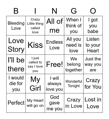 Songs About Love Bingo Card