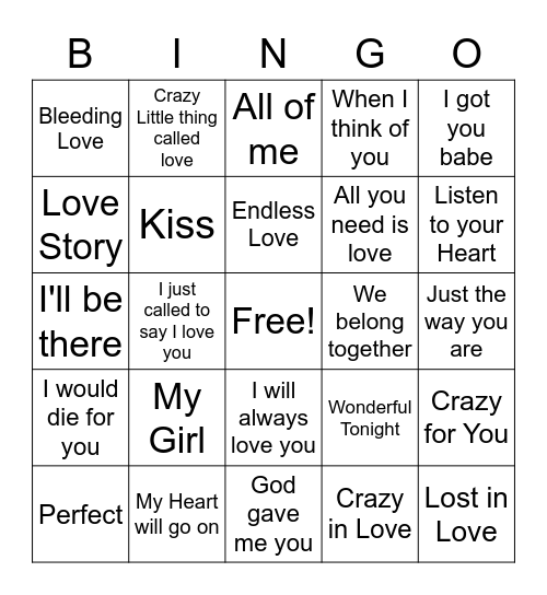 Songs About Love Bingo Card