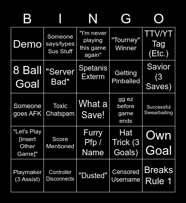 Rocket League Bingo Card
