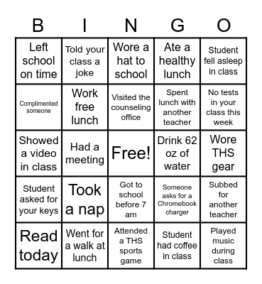 Tigard High School Teacher Bingo Week 1 Bingo Card