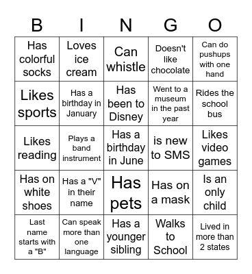Middle School BINGO: Find someone who... Bingo Card