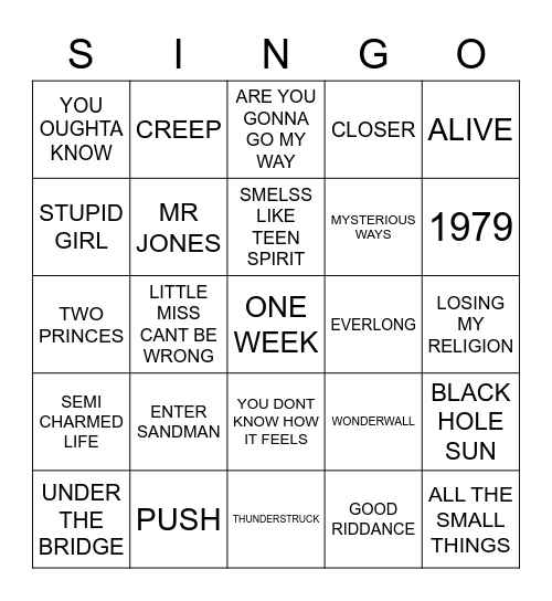 722 90’S ROCK ESSENTIALS Bingo Card