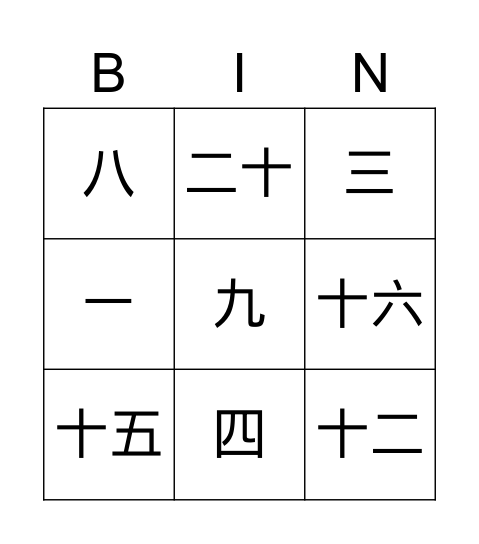 数字bingo Card