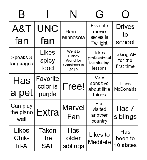 Get to Know Your Classmates - 2nd Block Bingo Card