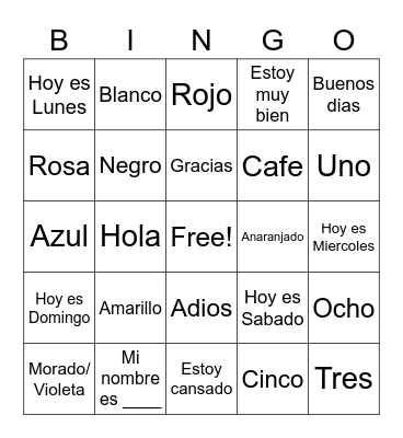 Spanish Bingo Card