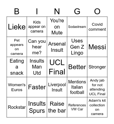 UCL Strategy Workshop Bingo Card