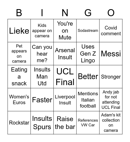 UCL Strategy Workshop Bingo Card