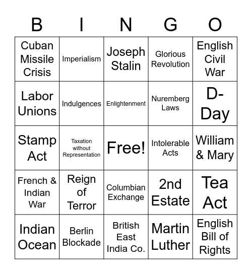 World History Final Exam Bingo Card