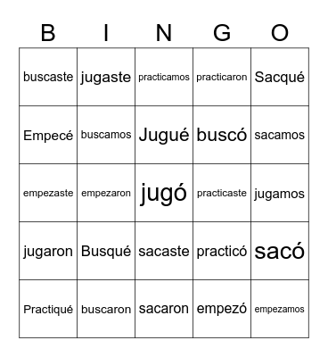 CAR GAR ZAR VERBS Bingo Card