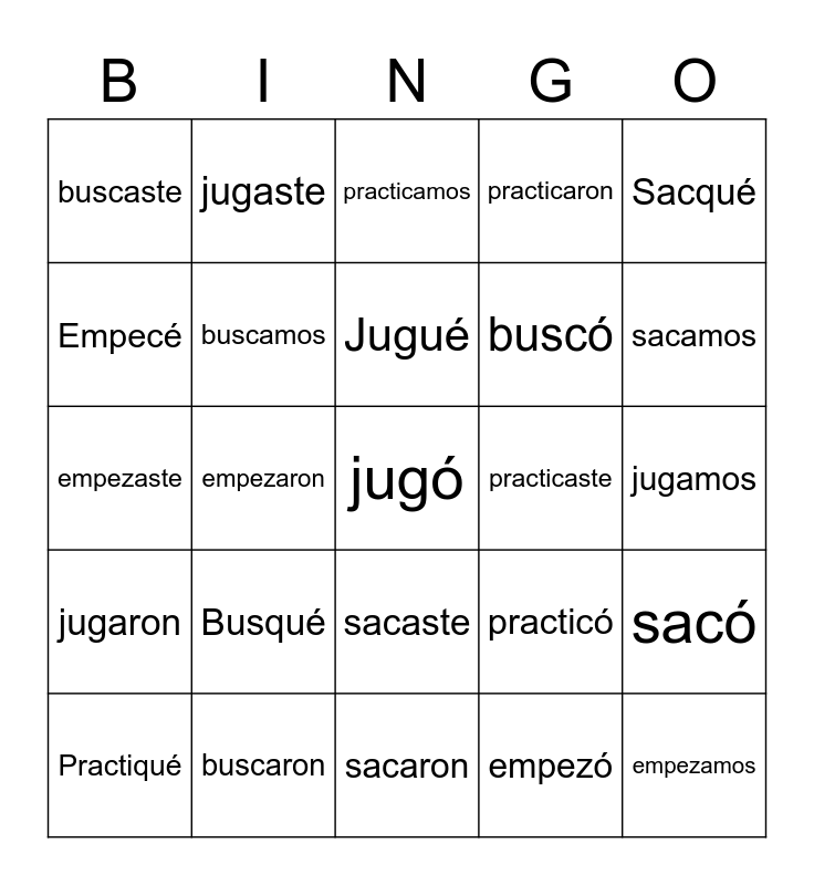 CAR GAR ZAR VERBS Bingo Card