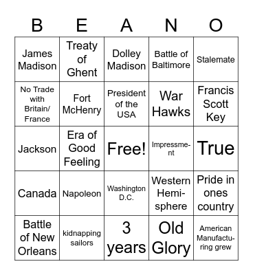 War of 1812 Bingo Card