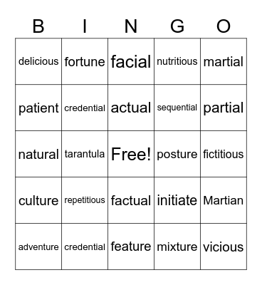 ture, tu,  ti, ci, Bingo Card