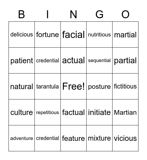 ture, tu,  ti, ci, Bingo Card